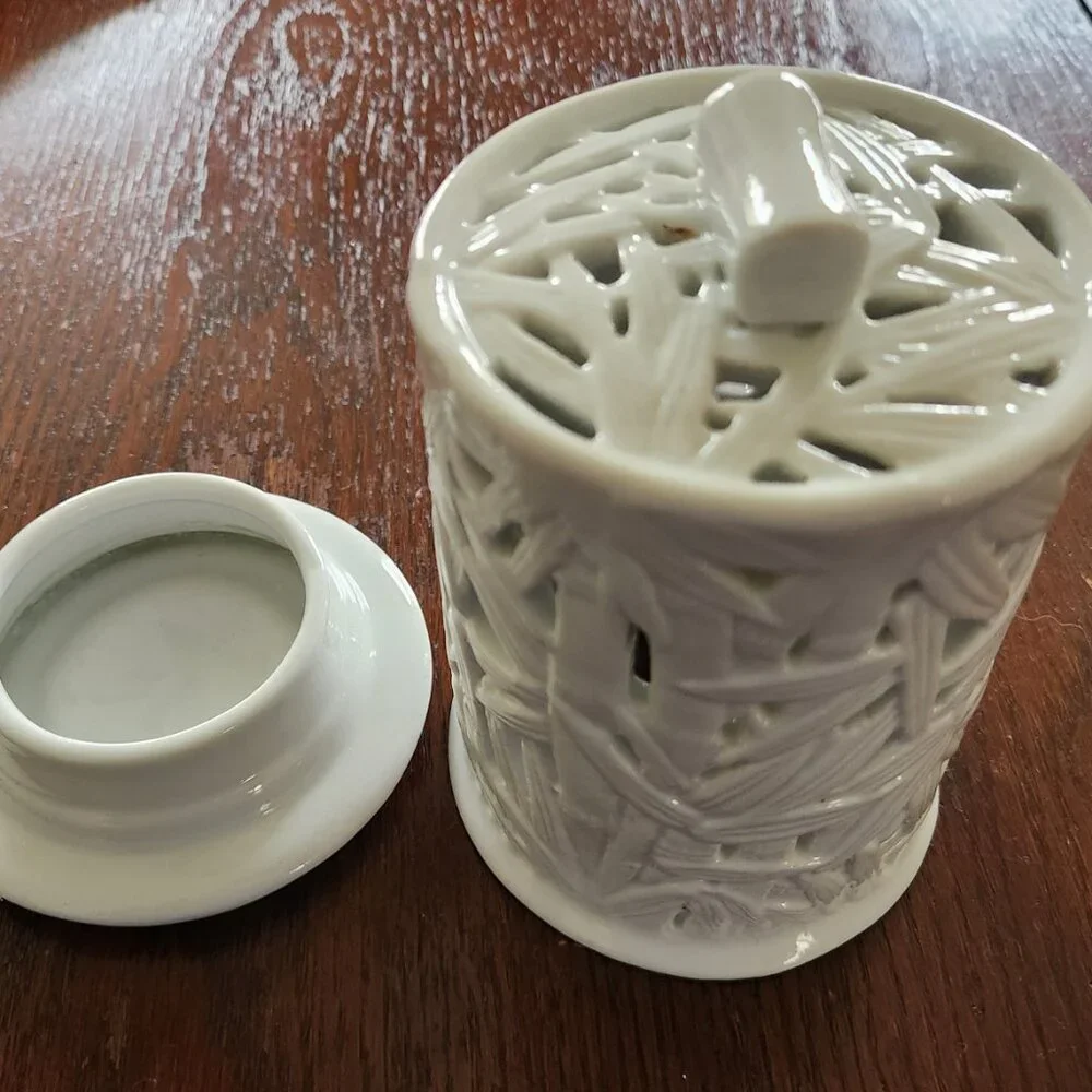 Andrea By Sadek White Porcelain Reticulated Two Piece Candle Holder / Fairy Lamp